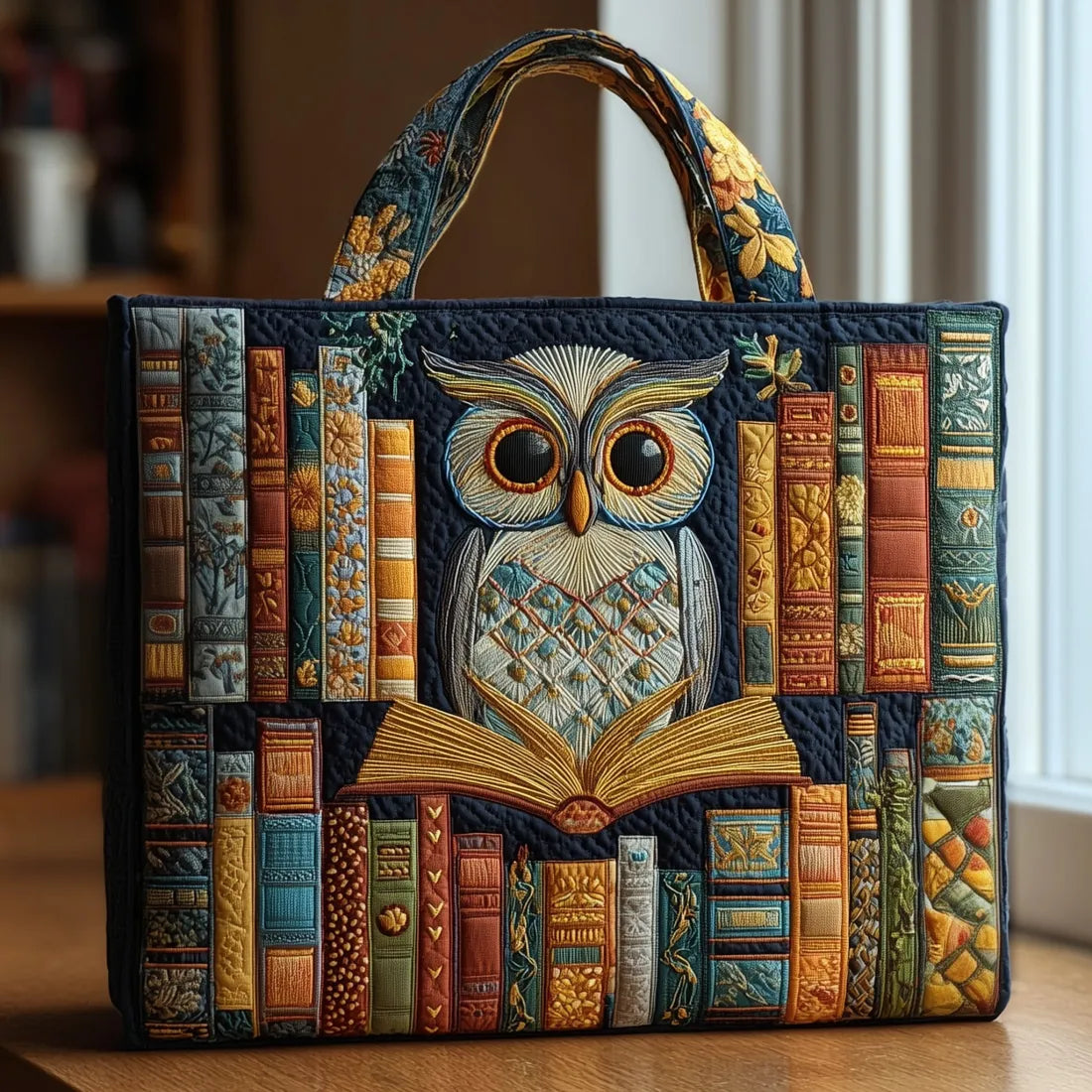 Vintage Handgemaakte Tas "Wijze Uil en Boeken" — Bibliotheek