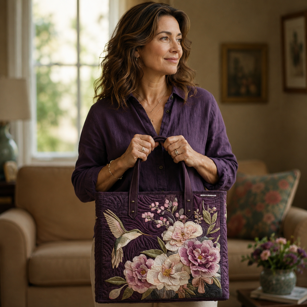 Haftowana Vintage Tas "Kolibrie en Pioenen" — Bordeaux