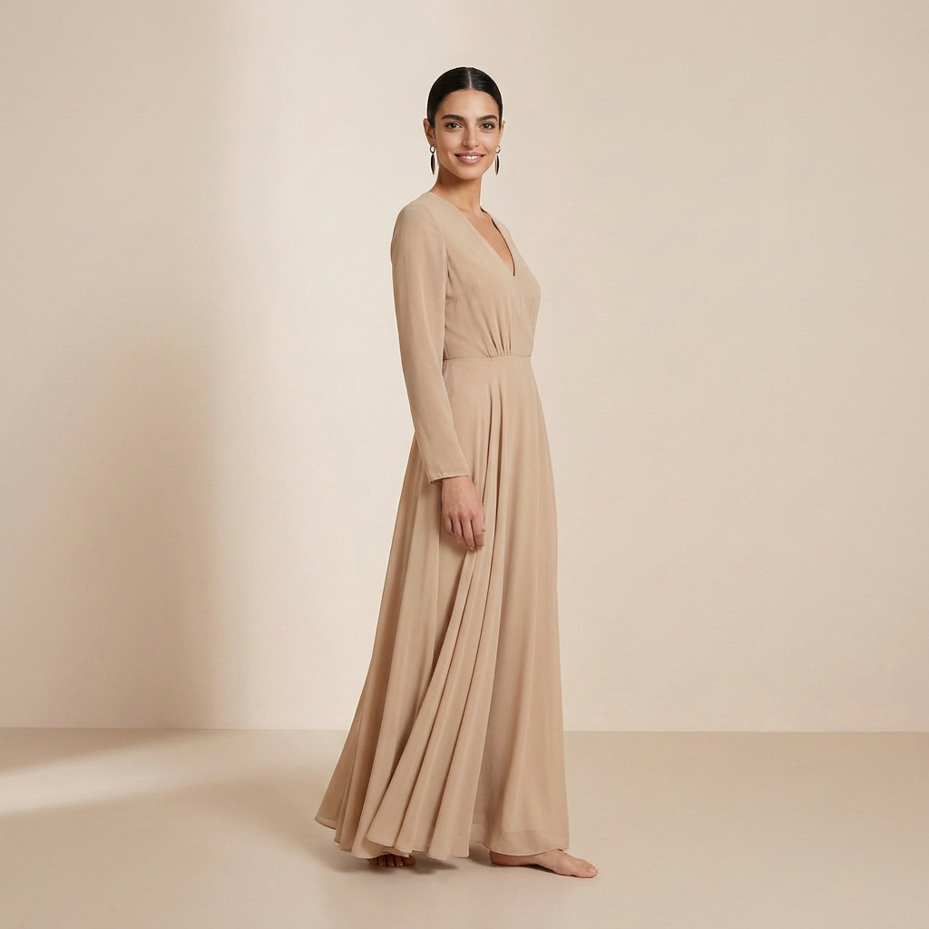 Tijdloze champagnekleurige slipdress met lange mouwen