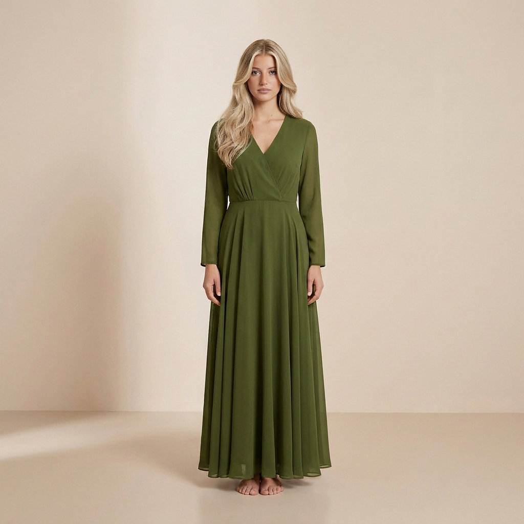 Jurk met lange mouwen Aarde Olijf - bescheiden, lichte slip dress