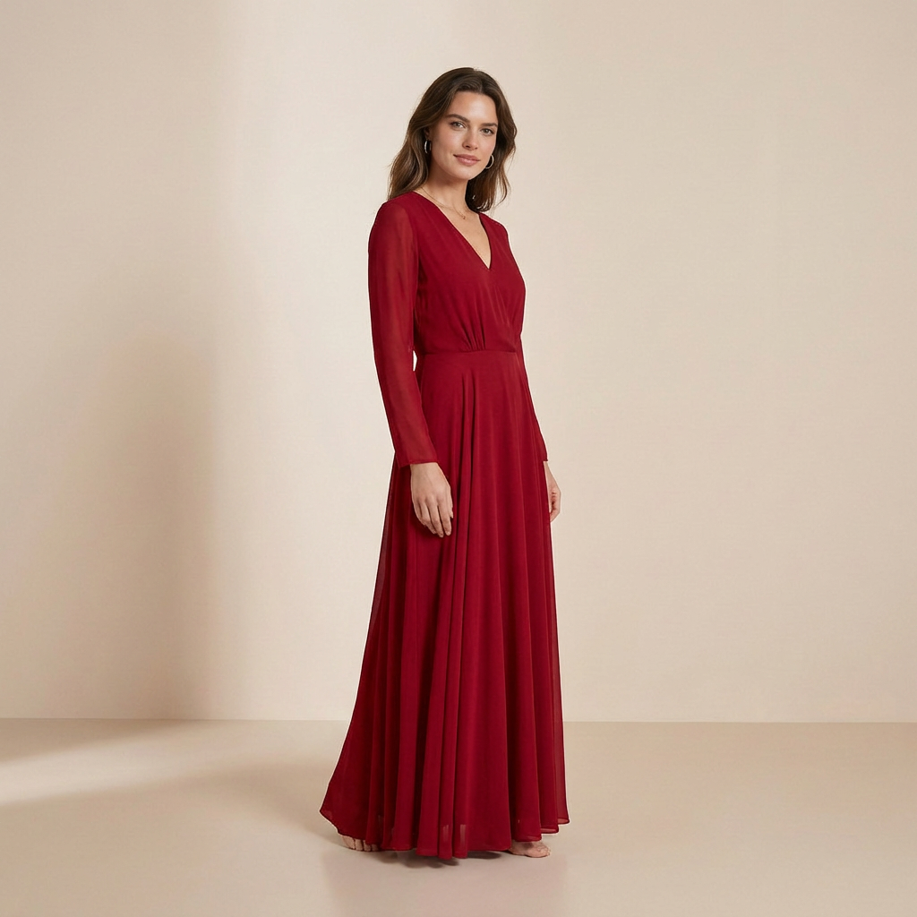 Lange slipdress met lange mouwen in diep bordeaux