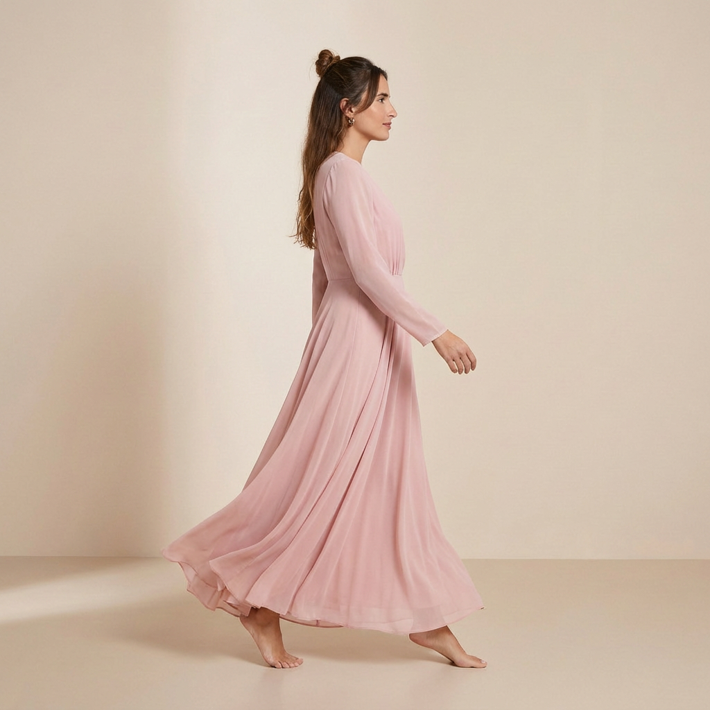 Roze maxi jurk met lange mouwen van chiffon – slip dress met strik