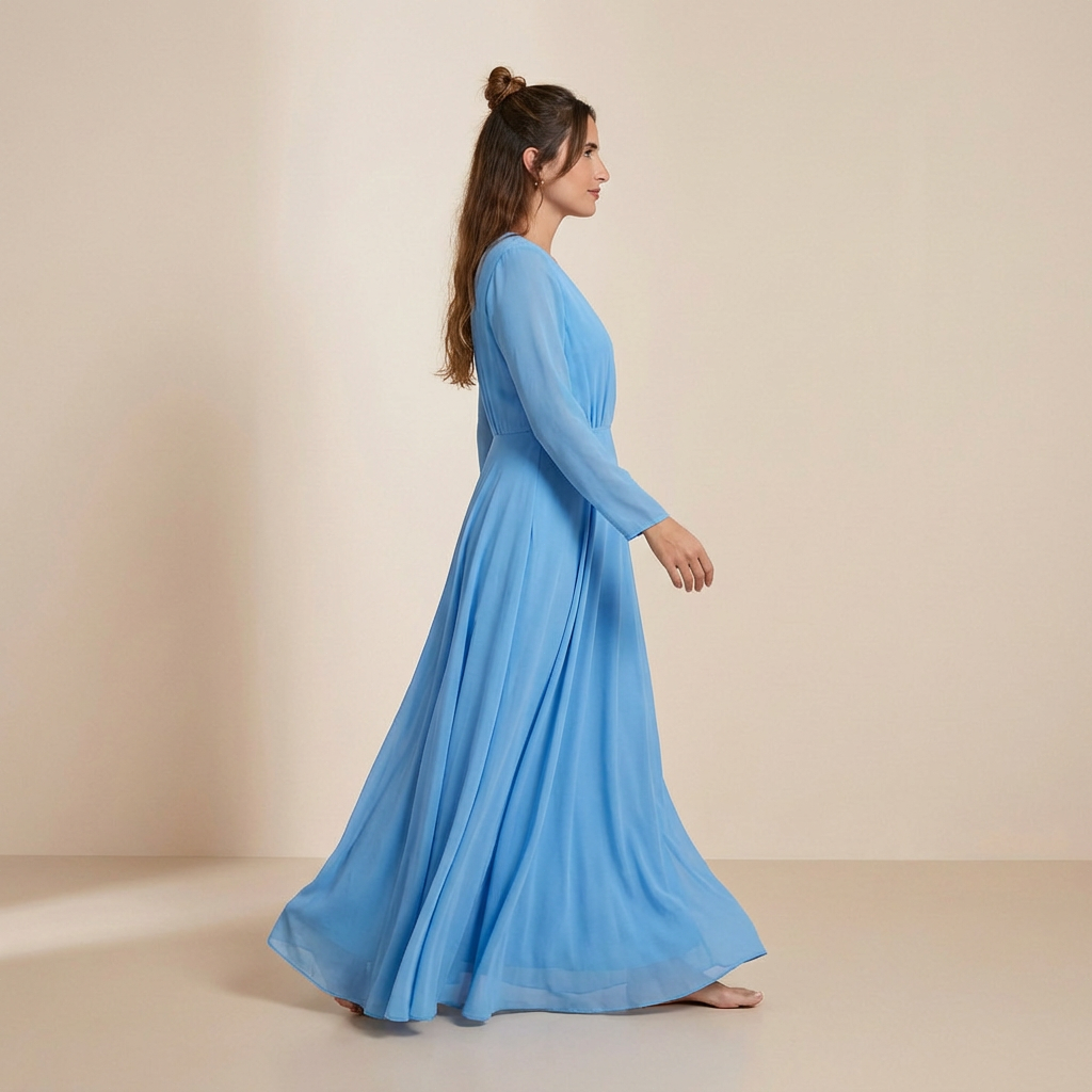 Blauwe, lange slip dress met lange mouwen – de droomjurk van chiffon met een omslagdecolleté aan de voorkant