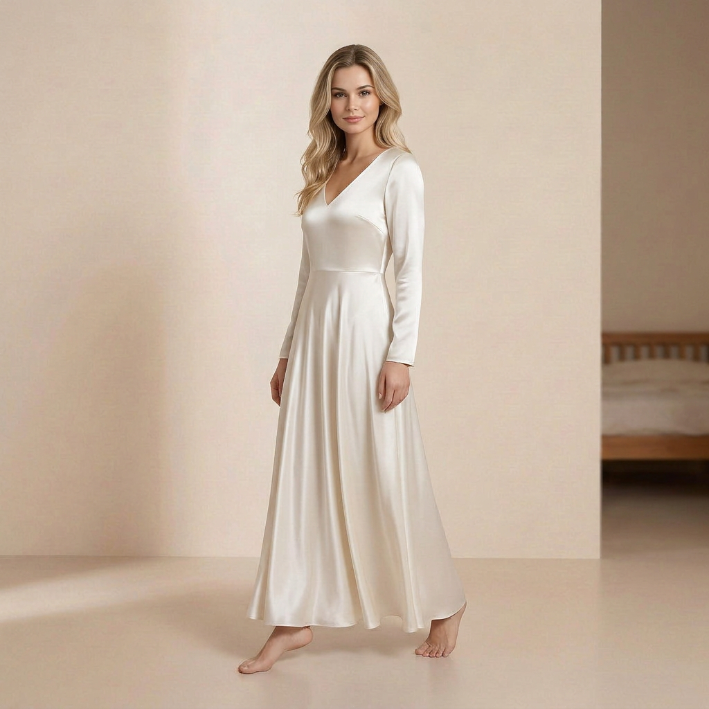 Glanzende, satijnen maxi-jurk – elegante slipdress met lange mouwen en een V-hals