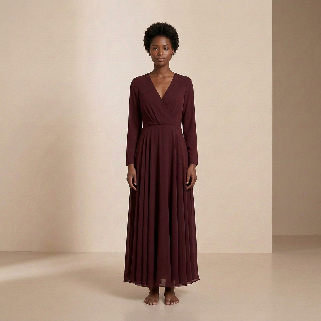 Lange maxi-jurk in noordelijke bordeauxkleur met lange mouwen – elegante slipdress met een wikkeldecolleté aan de voorkant