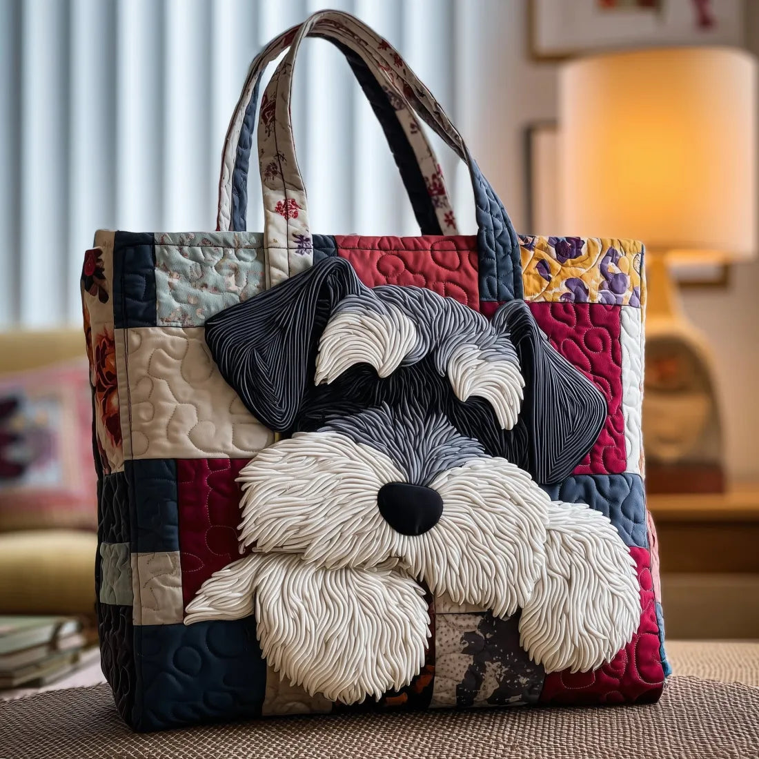 Haftowana Vintage Tas "Schnauzer op Patchwork" — Hondenkleur