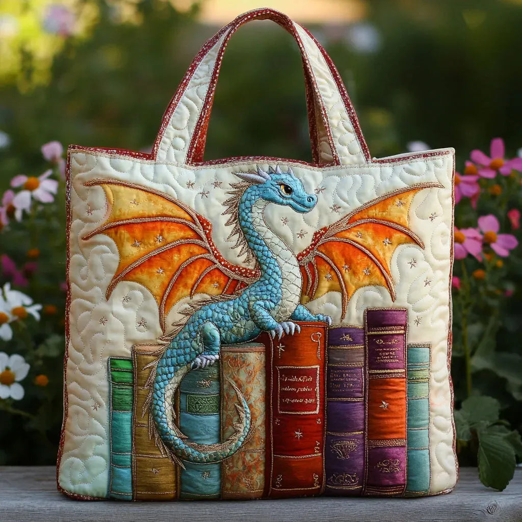 Vintage Geborduurde Tas "Smok en Oude Boeken" — Sprookjesachtig