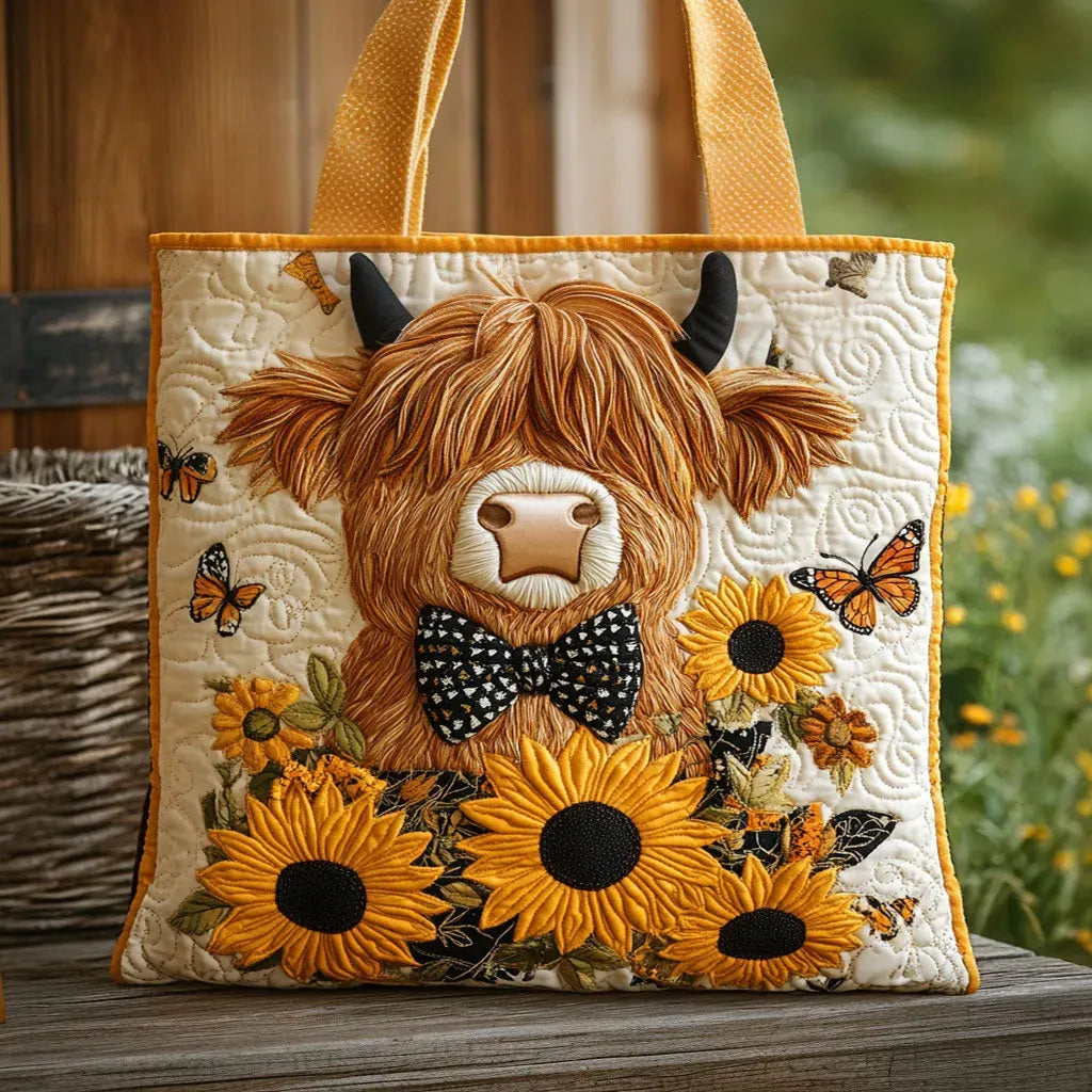Haftowana Vintage Tas "Schotse Koe en Zonnebloemen" — Rustiek
