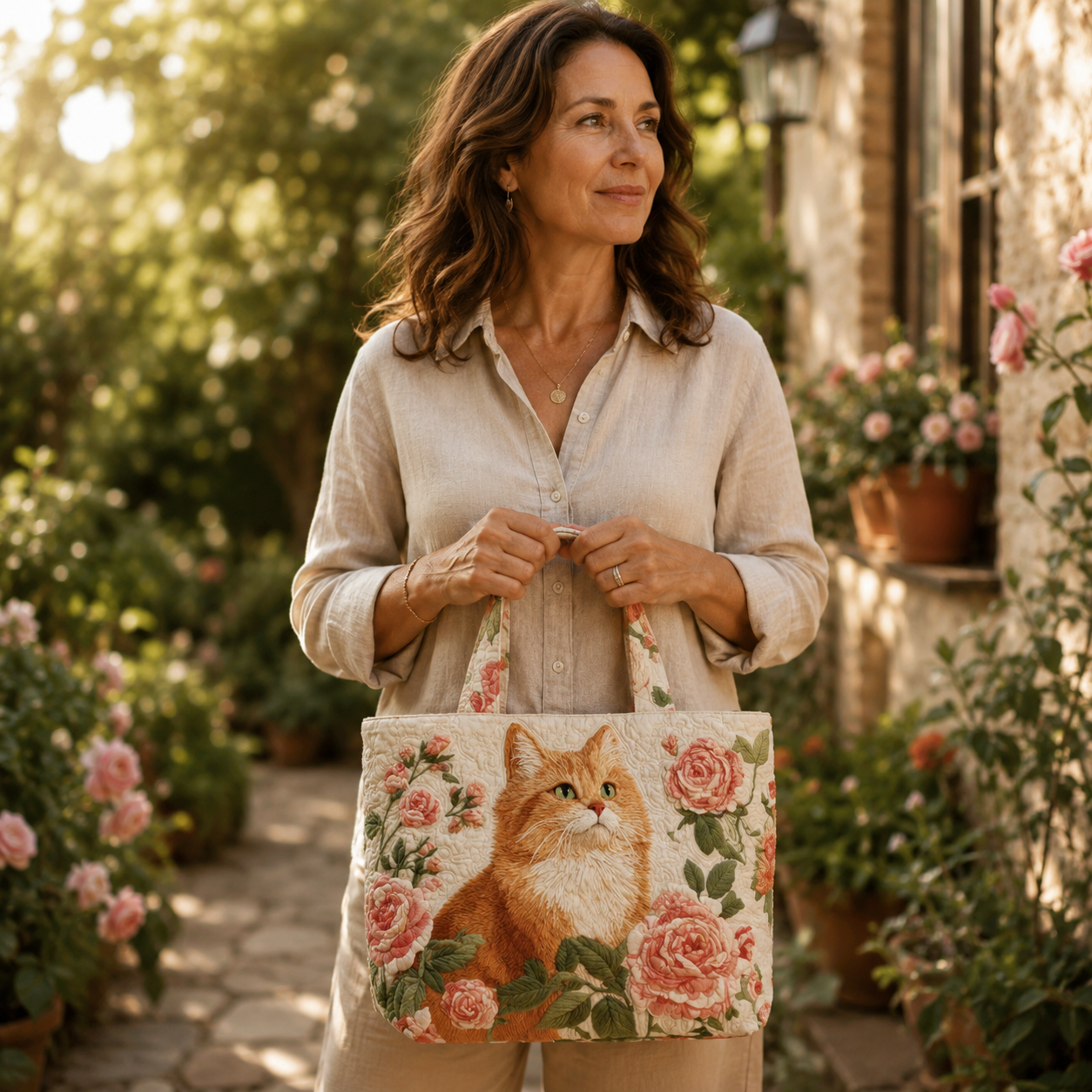 Vintage Tas "Rode Kat Tussen Rozen" — Romantisch