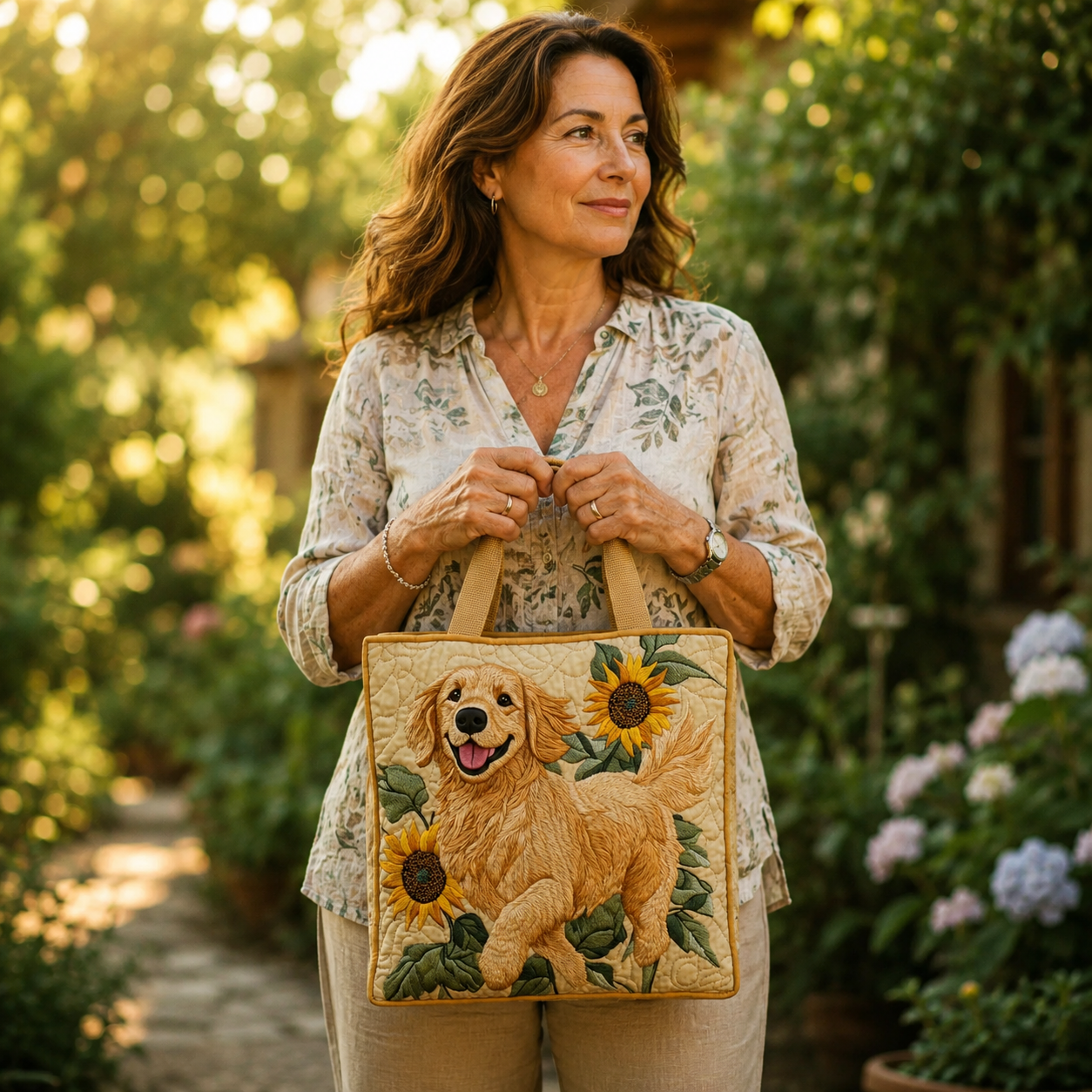 Vintage Tas "Golden Retriever en Zonnebloemen" — Zomer