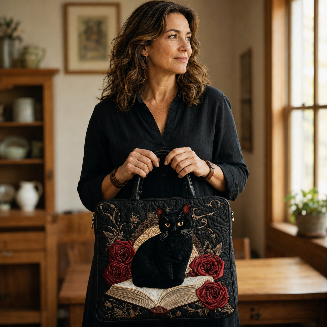 Vintage Handtas "Zwarte Kat, Boek en Rozen" — Gotisch