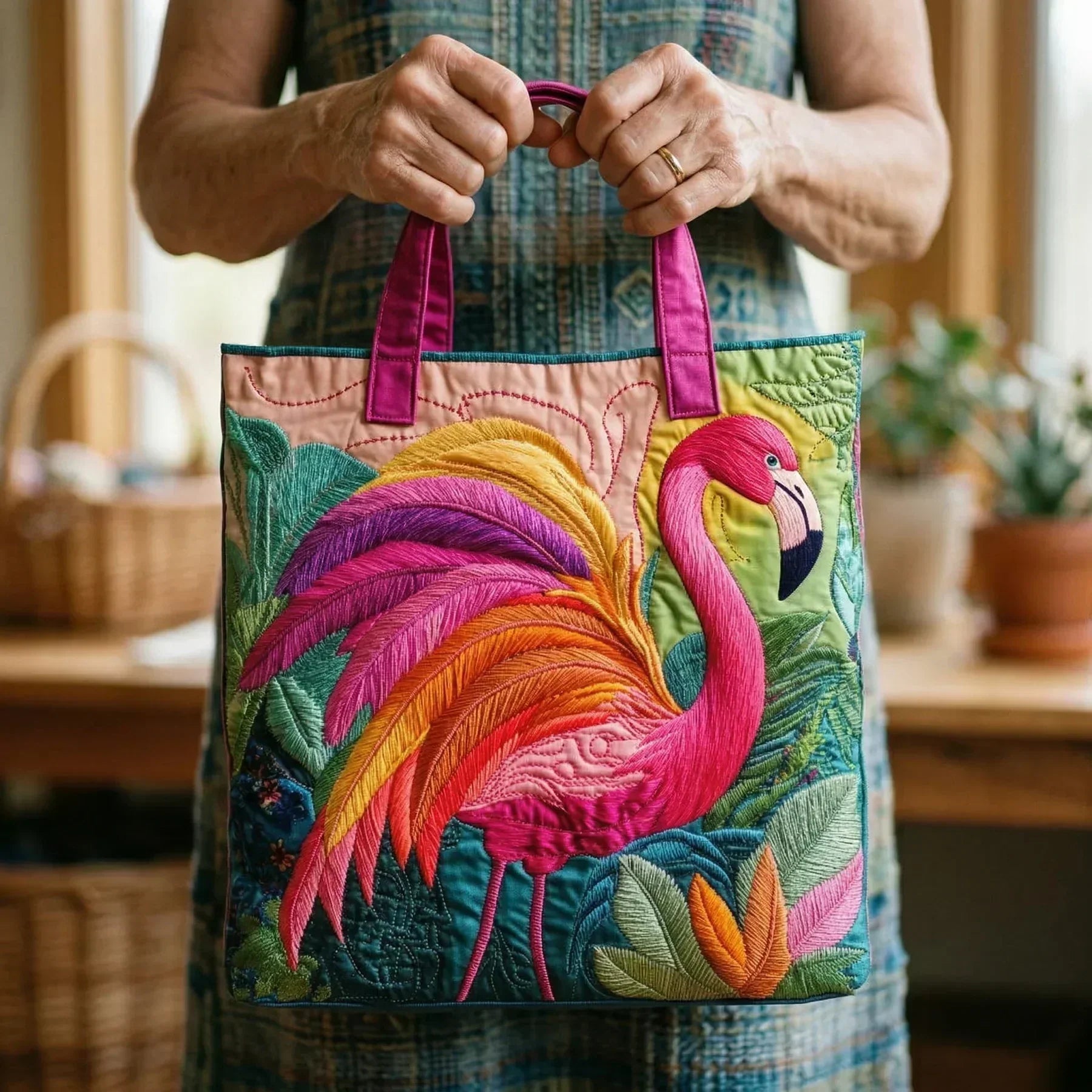 Haftowana Vintage Tas "Tropische Flamingo" — Koraal