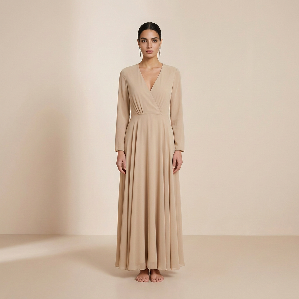Tijdloze champagnekleurige slipdress met lange mouwen