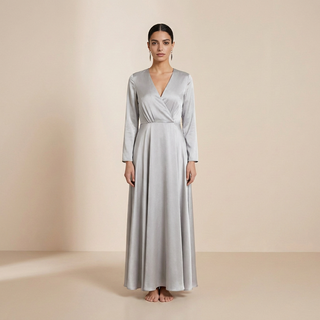 Glanzende, satijnen maxi-jurk in zilver – elegante slipdress met lange mouwen