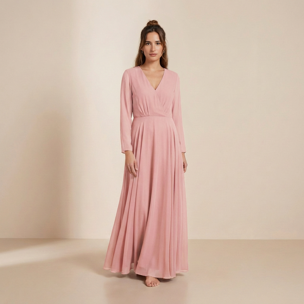Roze maxi jurk met lange mouwen van chiffon – slip dress met strik