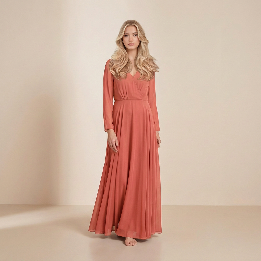 Herfst Maxi Jurk met Lange Mouwen in Terracotta – Slip Dress in Warme, Aardse Tinten