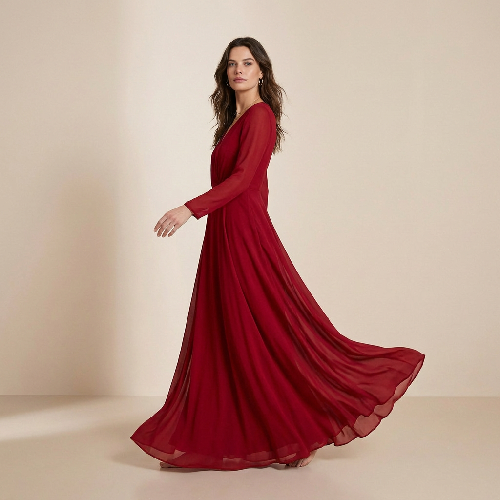 Lange slipdress met lange mouwen in diep bordeaux