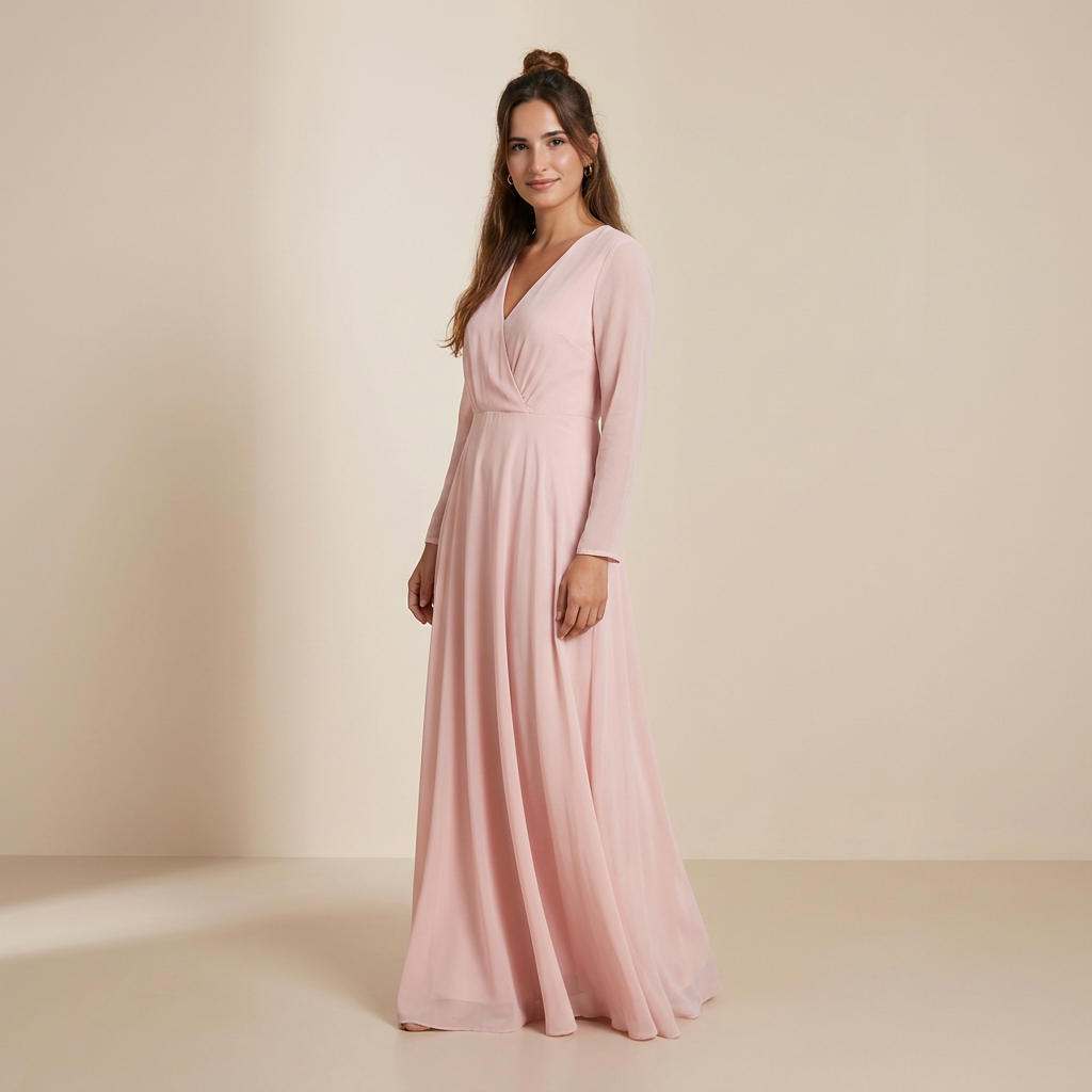 Roze maxi jurk met lange mouwen van chiffon – slip dress met strik