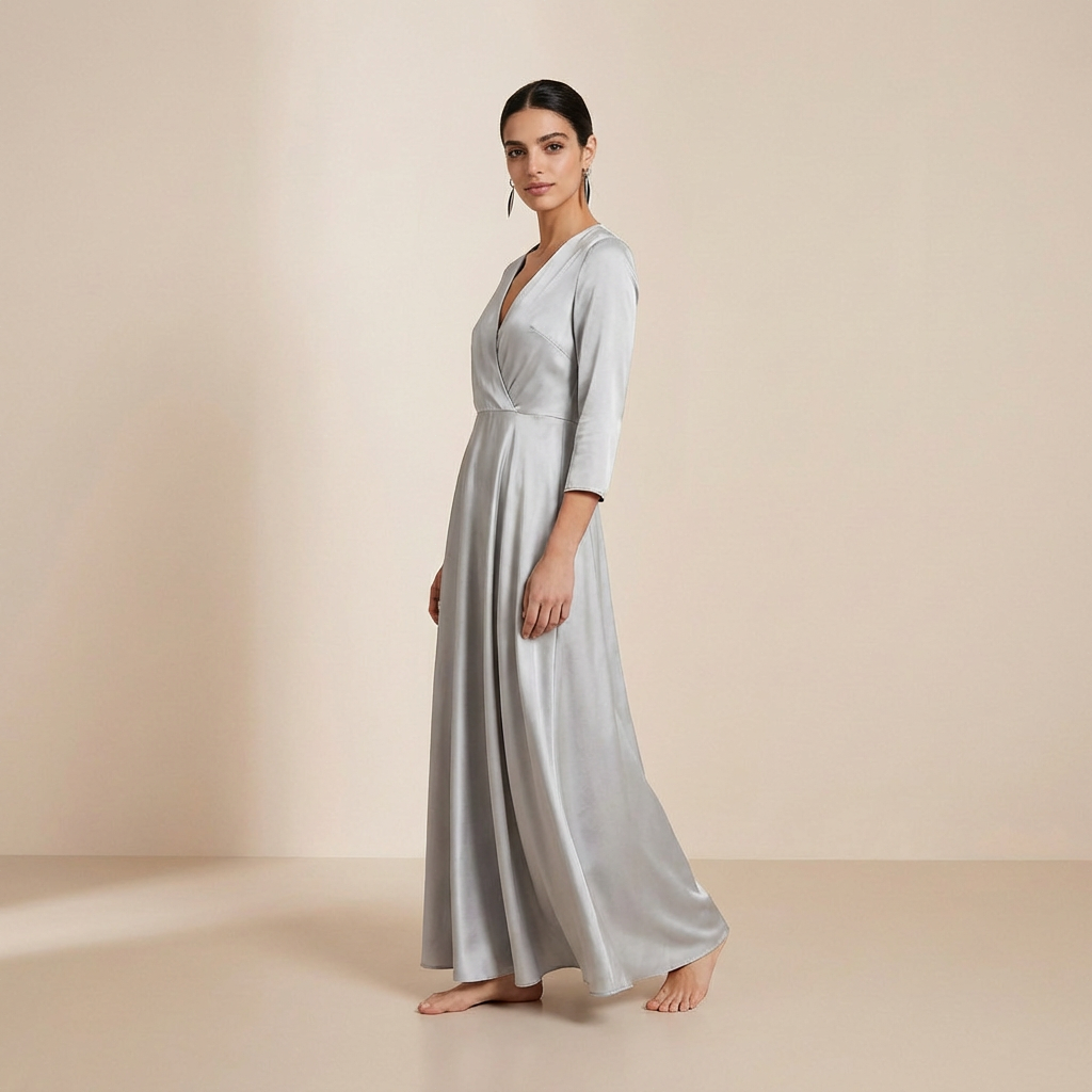 Glanzende, satijnen maxi-jurk in zilver – elegante slipdress met lange mouwen