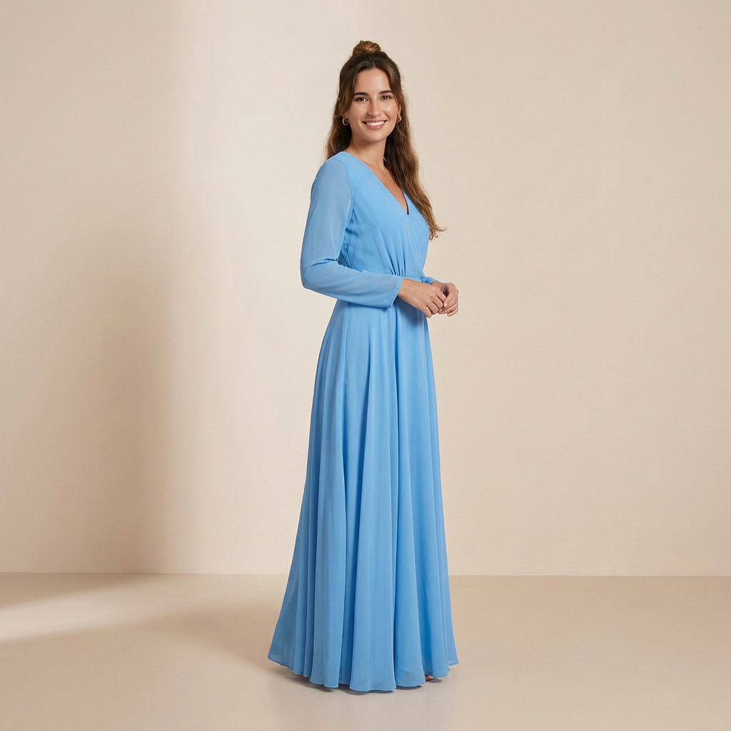 Blauwe, lange slip dress met lange mouwen – de droomjurk van chiffon met een omslagdecolleté aan de voorkant