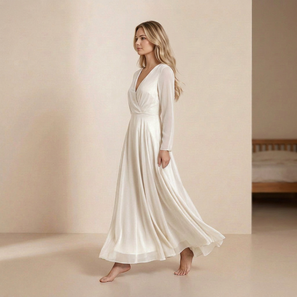 Glanzende, satijnen maxi-jurk – elegante slipdress met lange mouwen en een V-hals